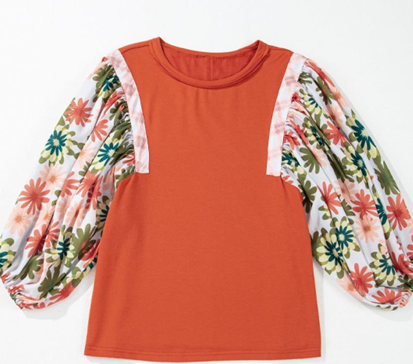 Printed Round Neck Balloon Sleeve Blouse