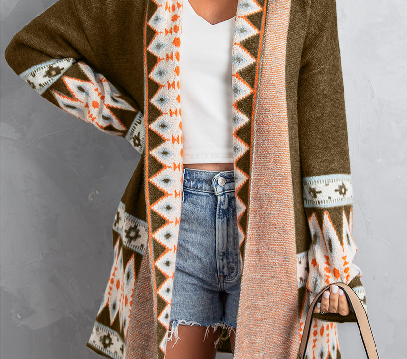 Brown Aztec Print Open Front Knitted Cardigan