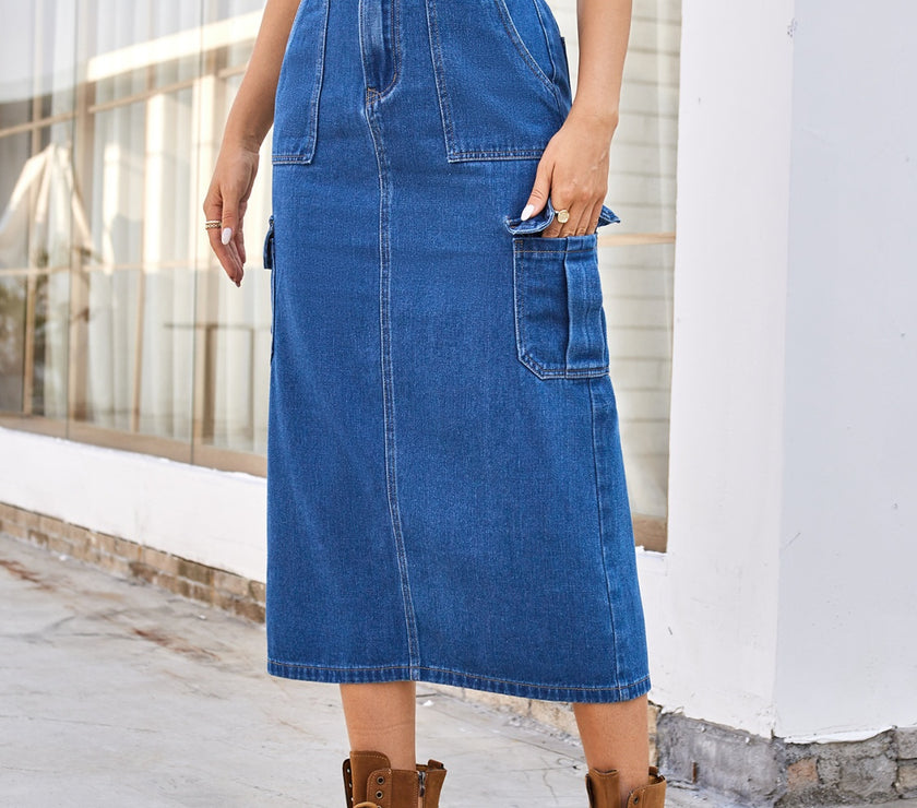 Slit Midi Denim Skirt with Pockets