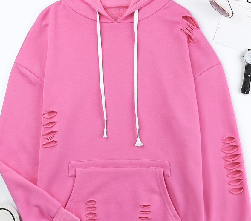 Distressed Drawstring Long Sleeve Hoodie