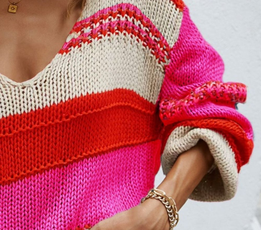 Angel Wings Color Block V-Neck Dropped Shoulder Sweater