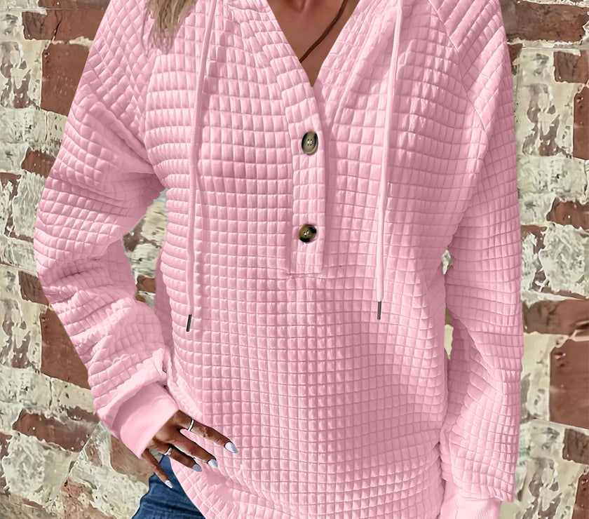 Full Size Texture Button Detail Drawstring Long Sleeve Hoodie