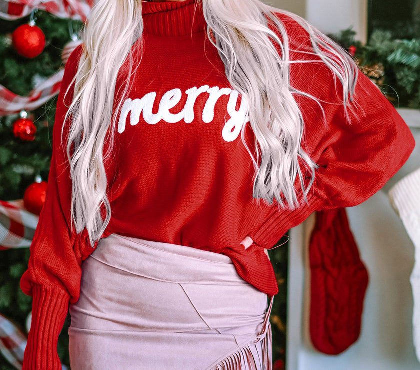 Double Take Full Size Merry Christmas Turtleneck Long Sleeve Sweater
