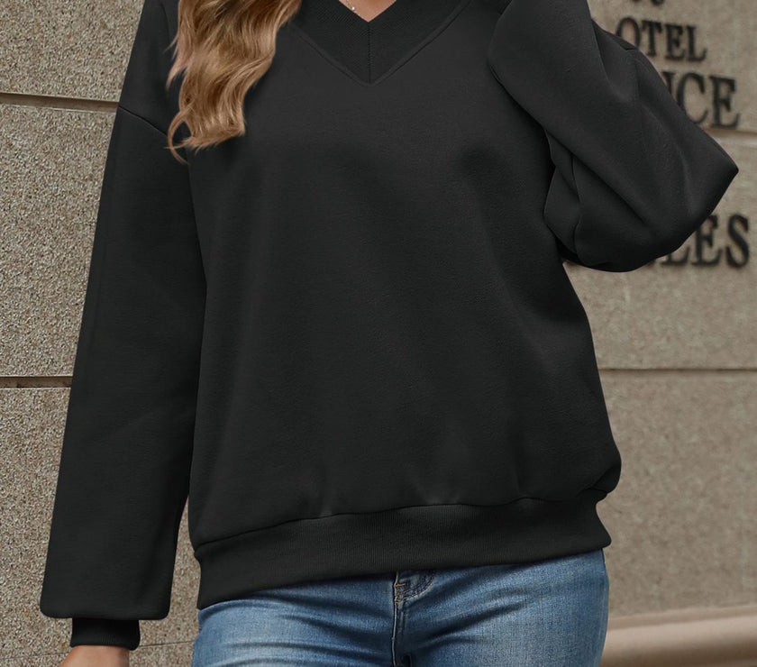 V-Neck Long Sleeve Dropped Shoulder Sweatshirt