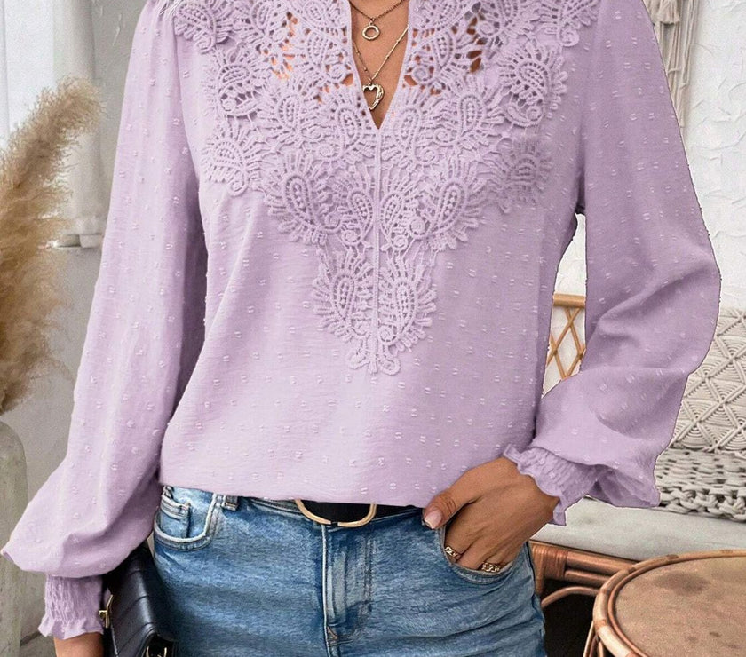 Swiss Dot Lace Detail Notched Long Sleeve Blouse