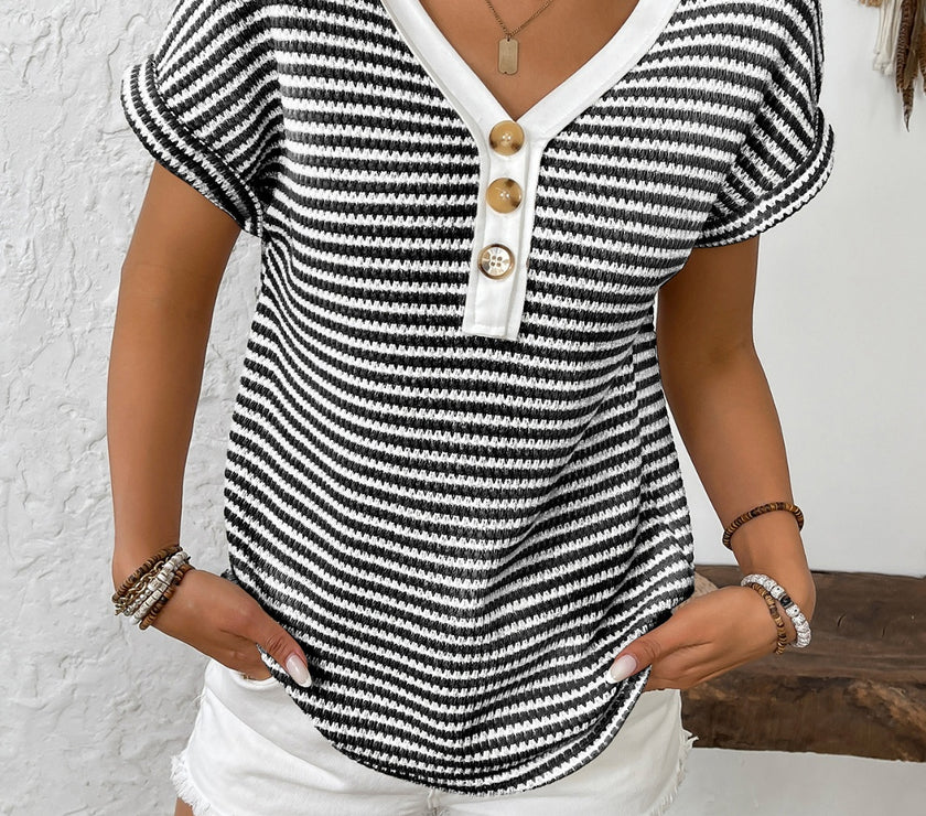 Striped V-Neck Short Sleeve T-Shirt