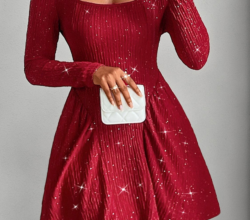 Backless Glitter Square Neck Long Sleeve Mini Dress