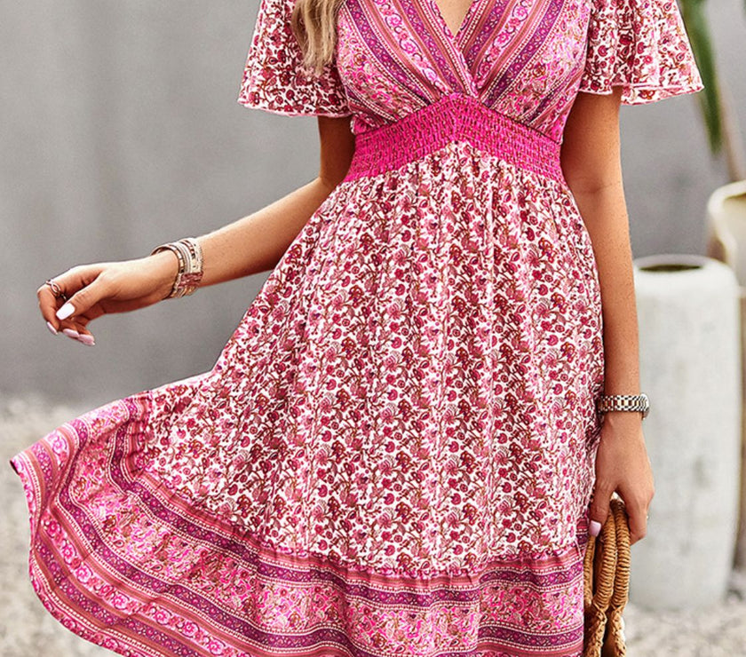 Devine Floral Smocked Waist Short Sleeve Mini Dress