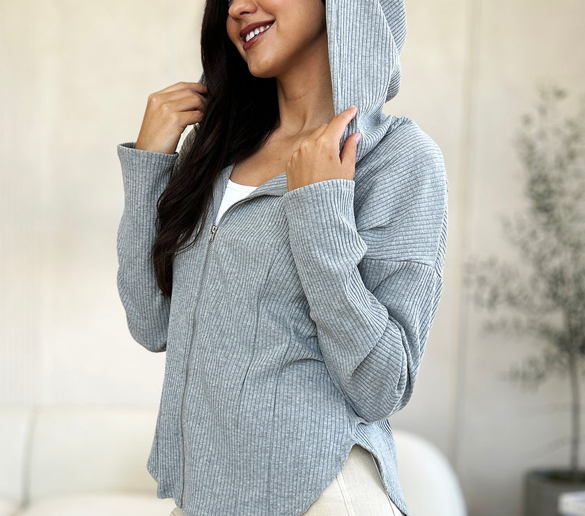 Culture Code Full Size Ribbed Zip Up Drawstring Hooded Jacket