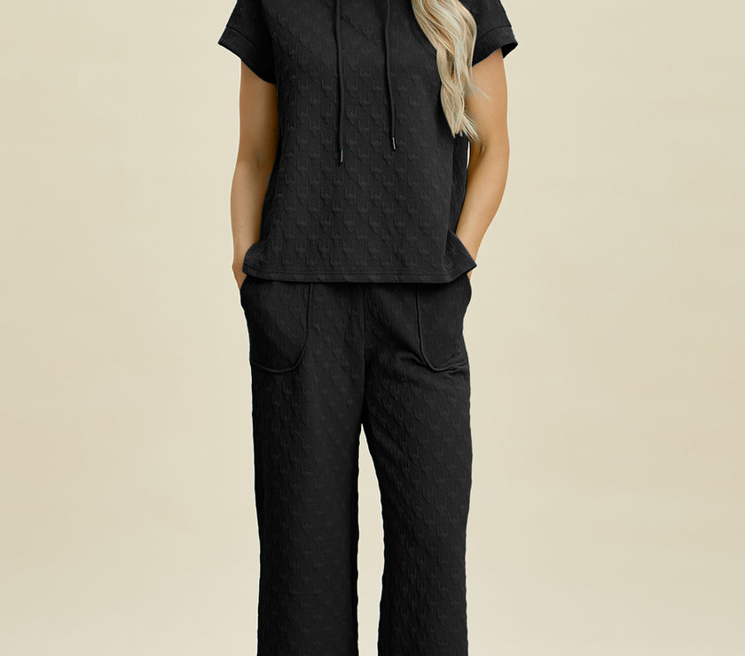 Double Take Full Size Texture Drawstring Short Sleeve Hoodie and Pocketed Pants Set