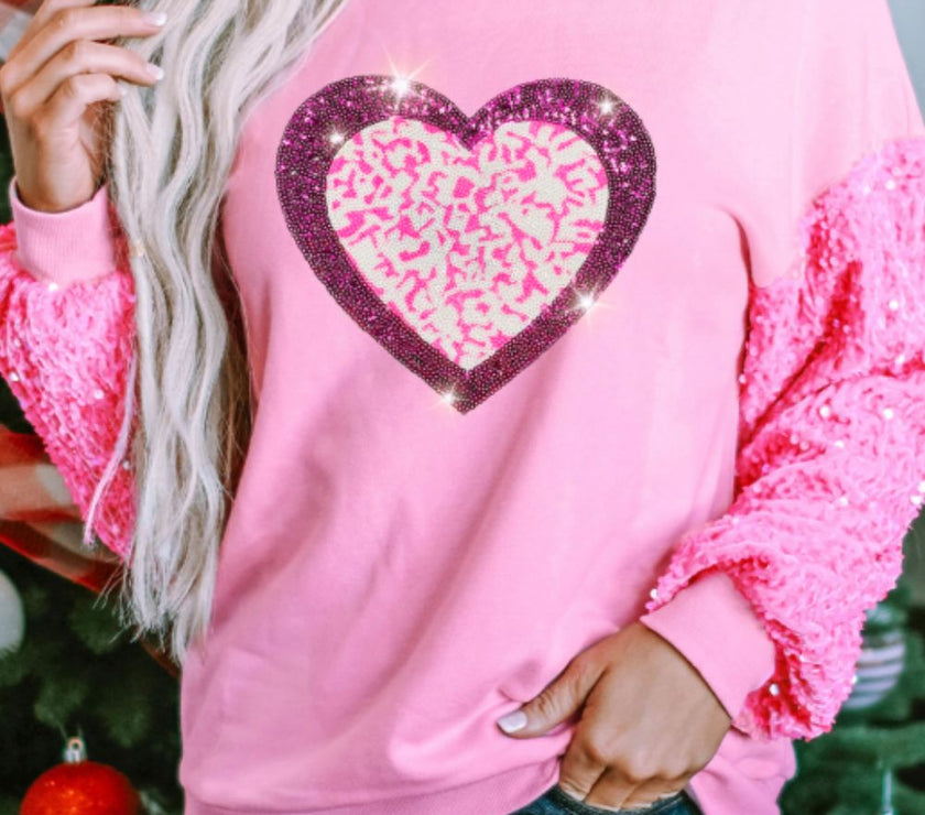 Valentine’s Day Sequin Heart Long Sleeve Sweatshirt