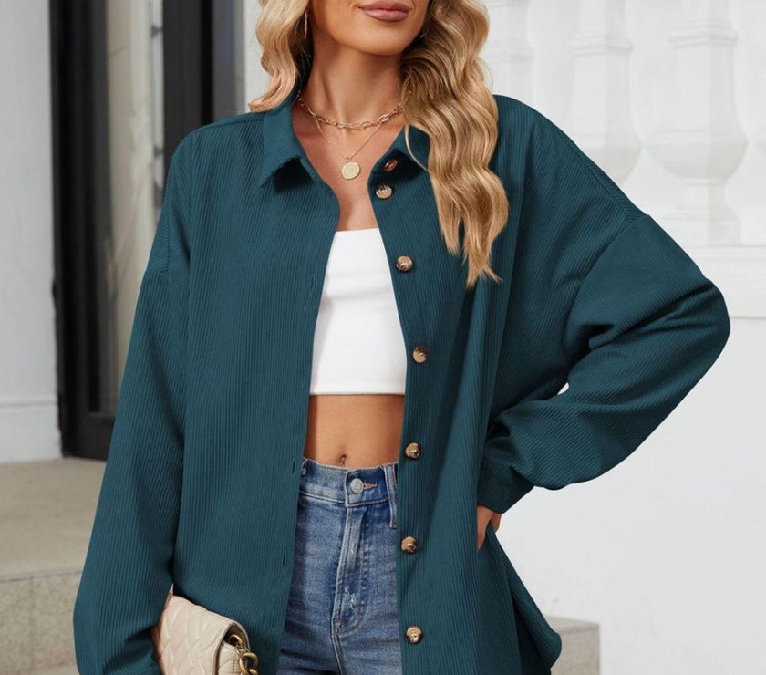 Collared Neck Long Sleeve Dropped Shoulder Shirt
