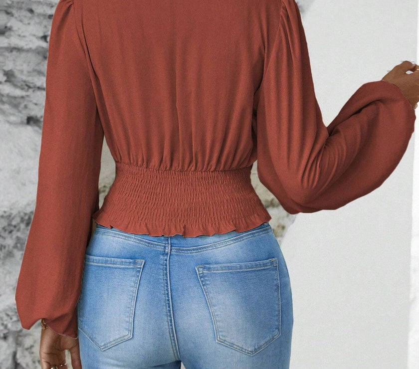 Smocked Surplice Balloon Sleeve Top