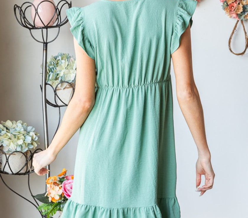 Heimish Full Size Short Sleeve V Neck Ruffled Hem Dress