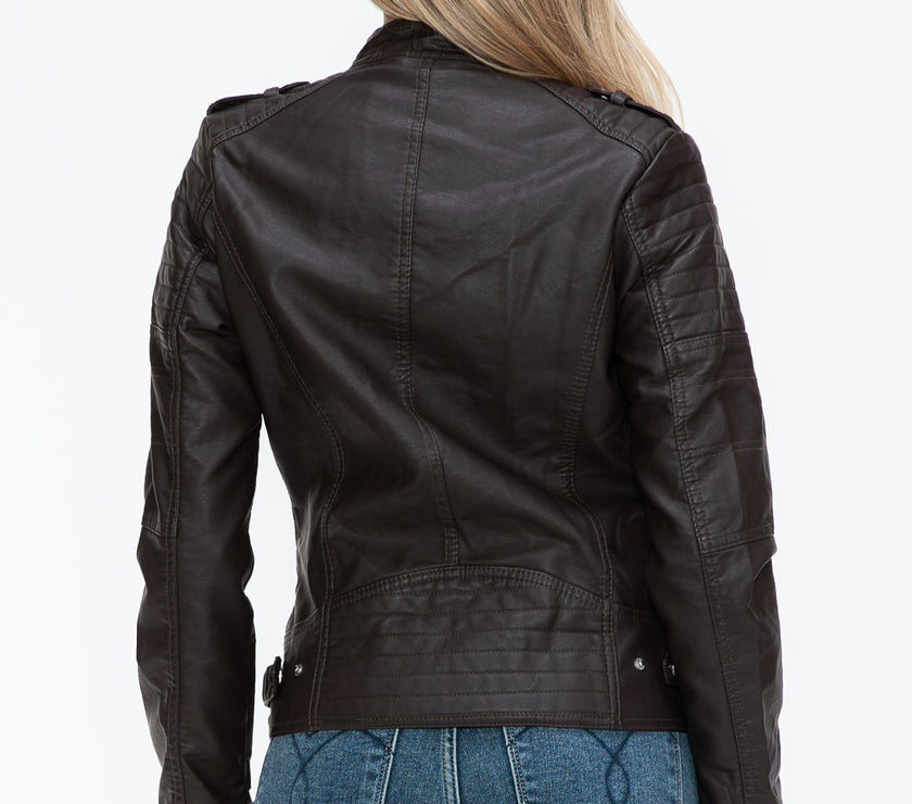 Snobbish PU Leather Biker Jacket with Side Zip Pockets