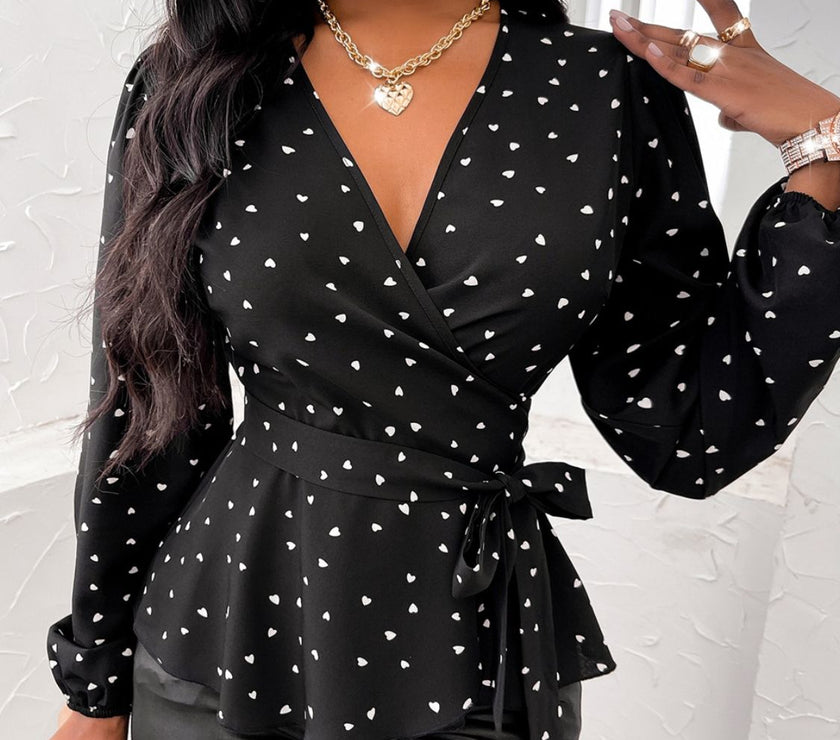 Heart Print Surplice Balloon Sleeve Blouse