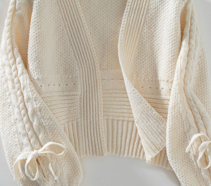 Cable-Knit Tied Open Front Lantern Sleeve Cardigan
