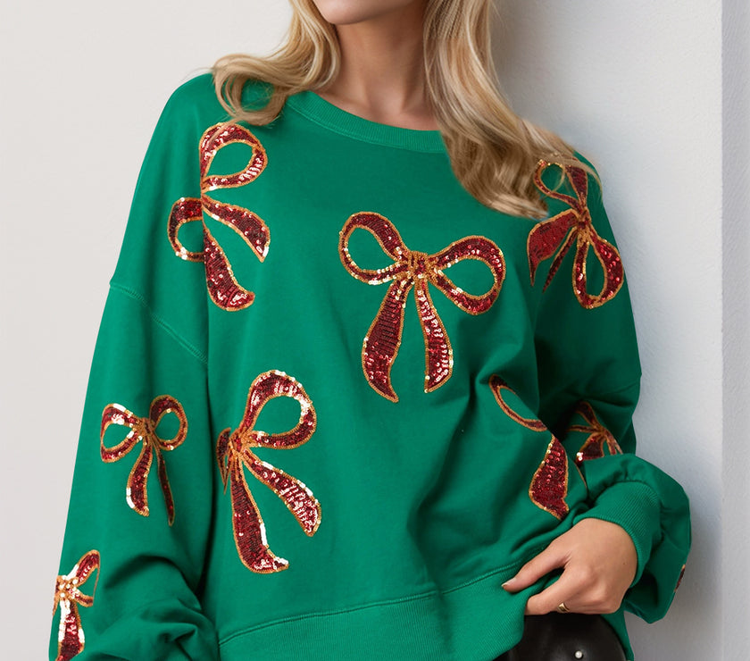 Double Take Christmas Bow Sequin Round Neck Dropped Shoulder Sweatshirt