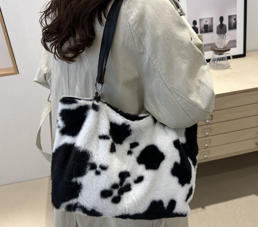 Cow Print Furry Tote Bag