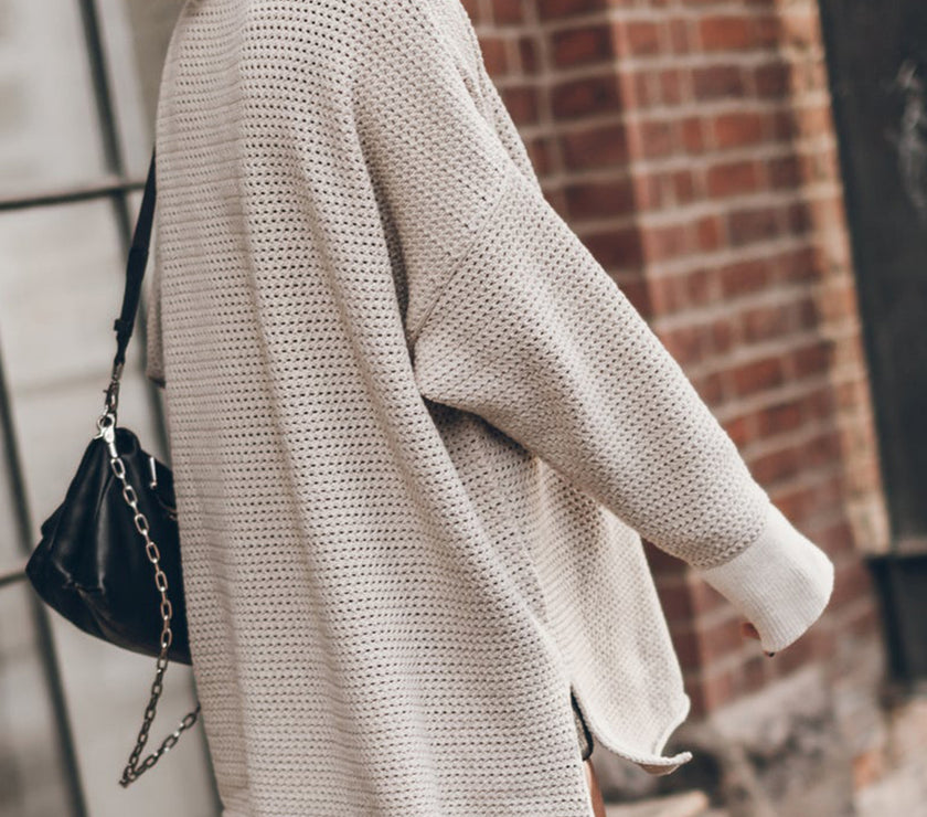 Openwork Round Neck Long Sleeve Slit Sweater