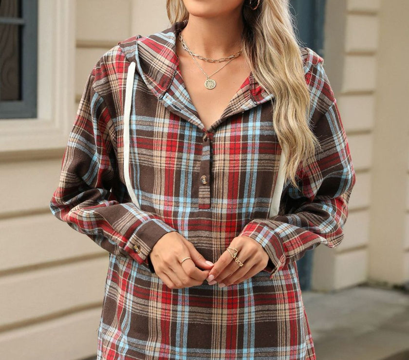Drawstring Plaid Hooded Long Sleeve Top