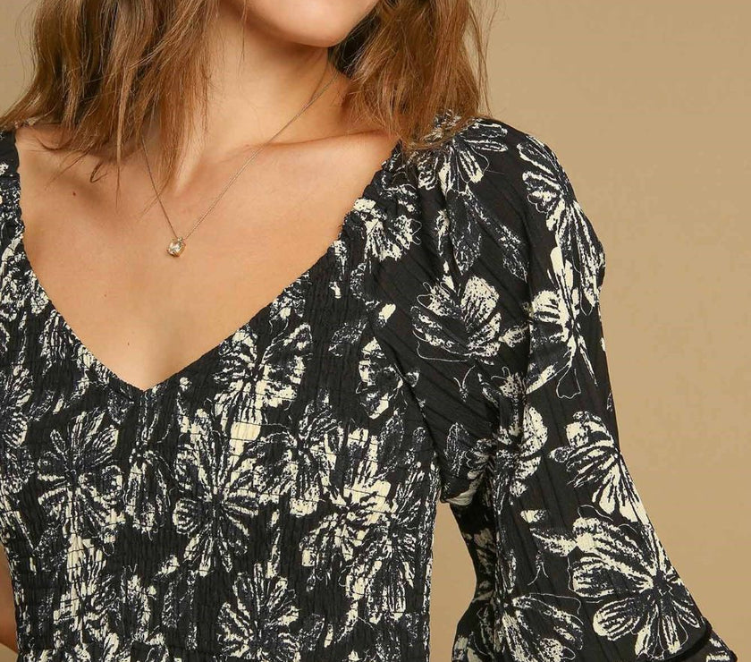 Umgee Ruffle Hem Flower Printed V-Neck Dress