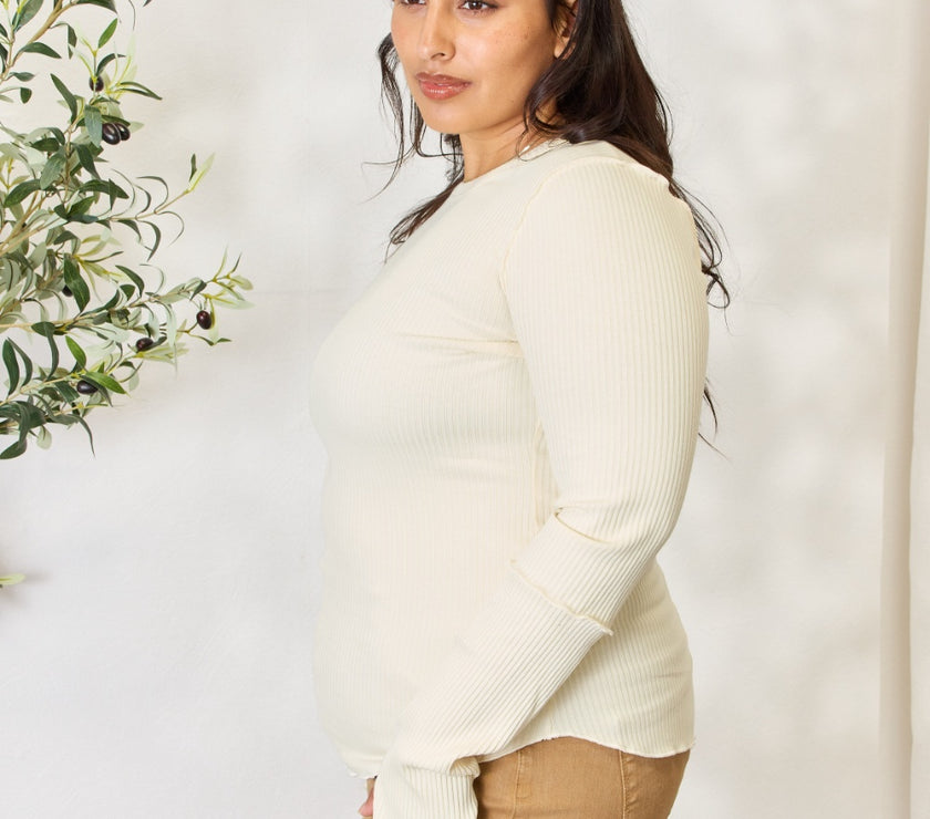 Culture Code Full Size Ribbed Round Neck Long Sleeve Top