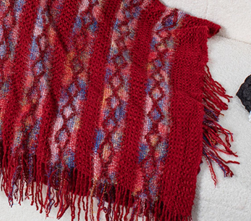 Fringe Contrast Hooded Poncho