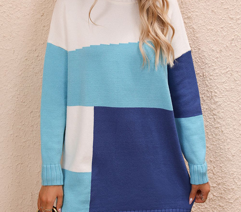 Color Block Mock Neck Dropped Shoulder Sweater Dress