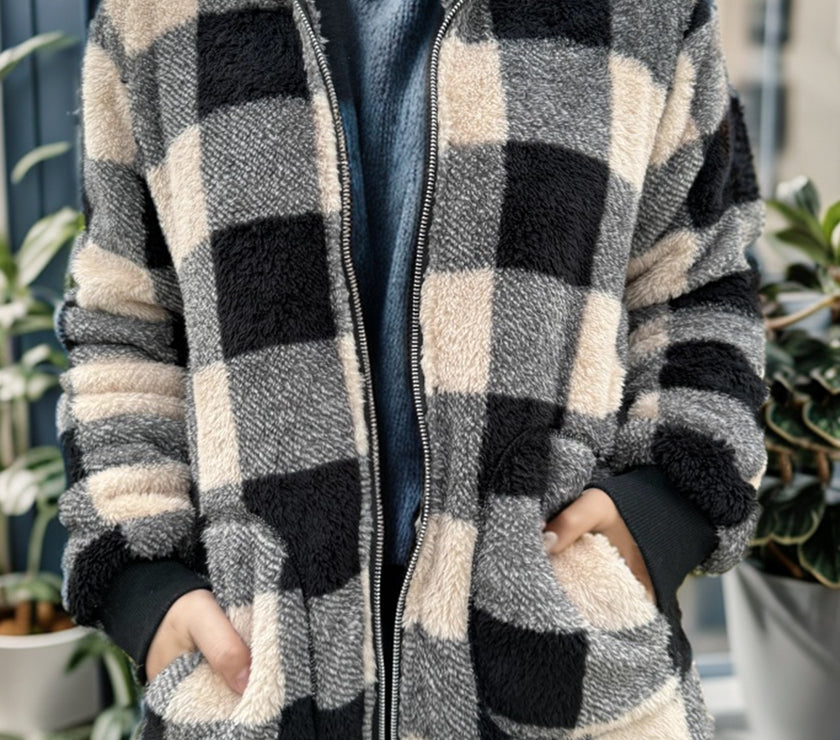 Double Take Full Size Plaid Long Sleeve Hooded Coat