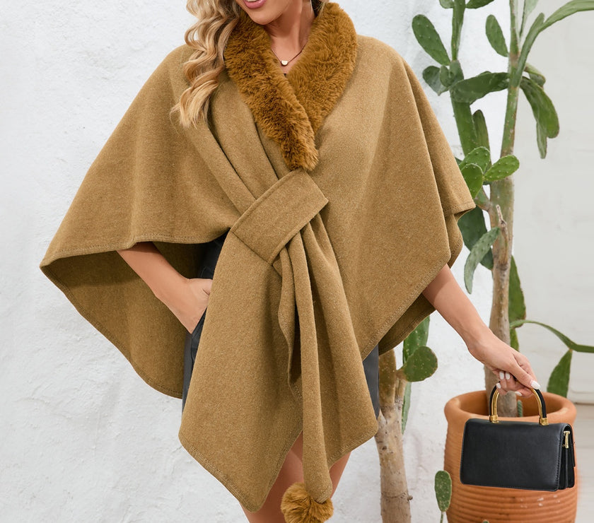 Fuzzy Trim Open Front Poncho
