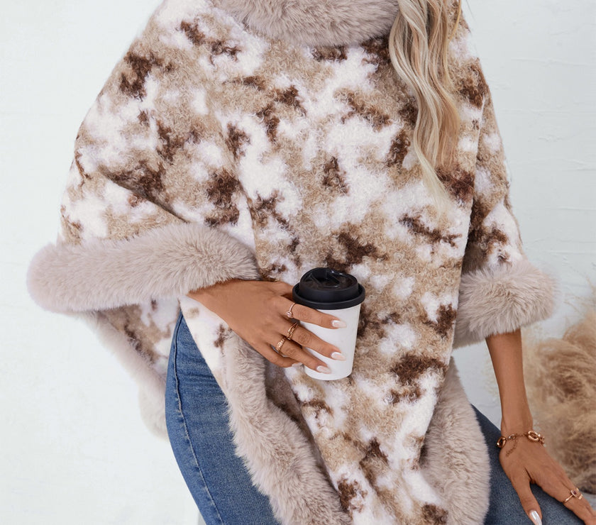 Furry Contrast Three-Quarter Poncho