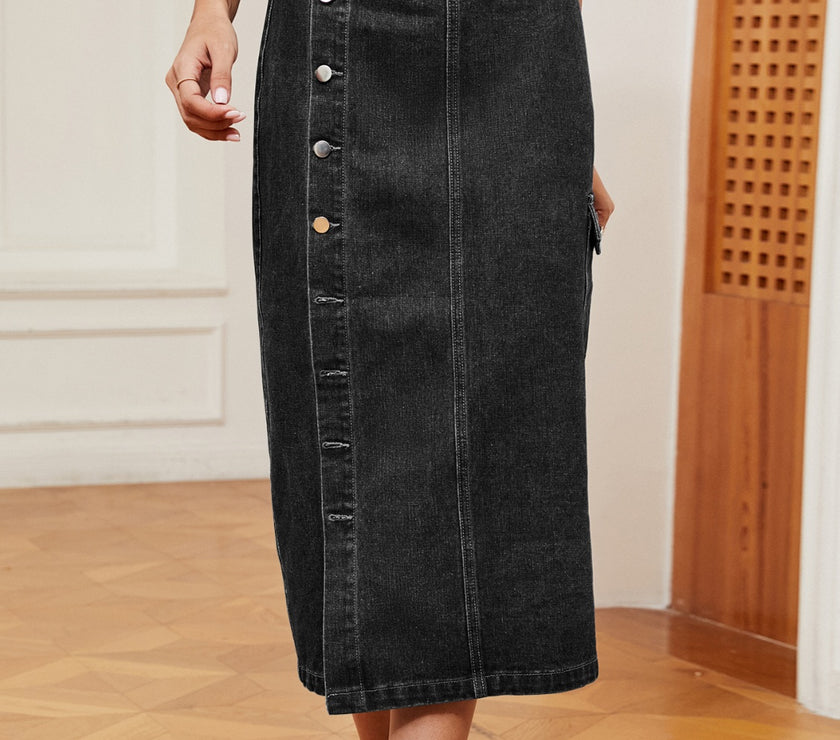 Button Down Midi Denim Skirt