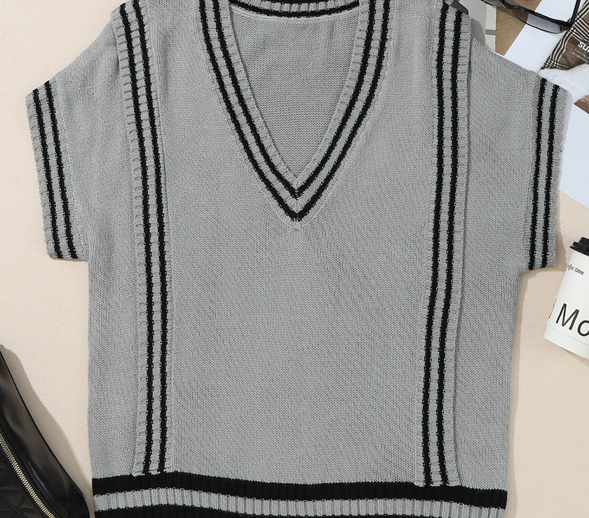 Striped Trim V-Neck Sweater Vest