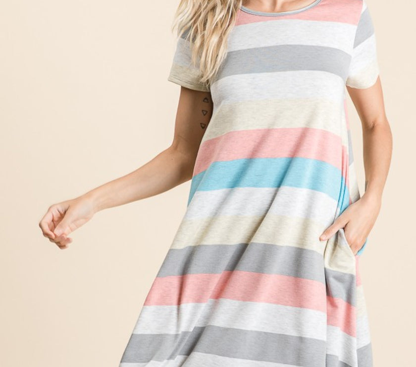 BOMBOM Striped Short Sleeve Dress with Pockets