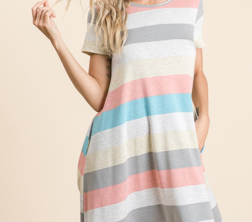 BOMBOM Striped Short Sleeve Dress with Pockets
