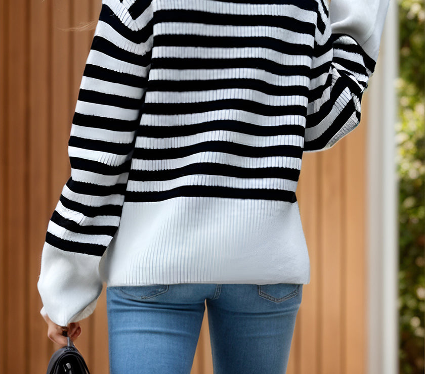 Striped Collared Neck Long Sleeve Sweater