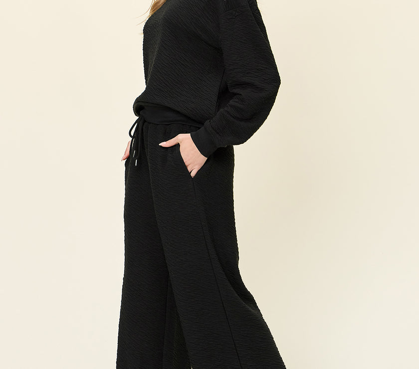Double Take Full Size Texture Long Sleeve Top and Pants Set