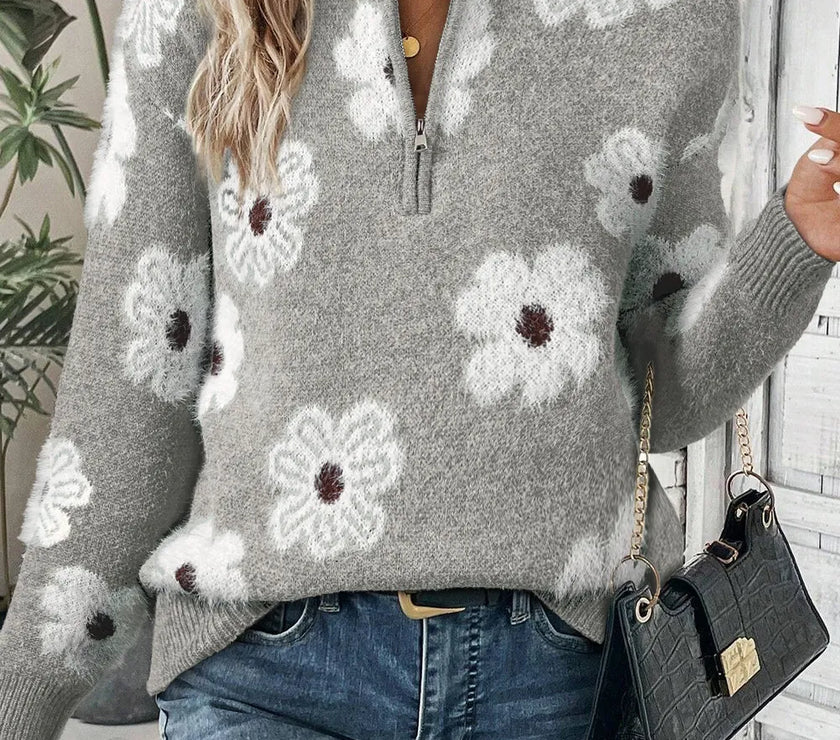Flower Half Zip Long Sleeve Sweater