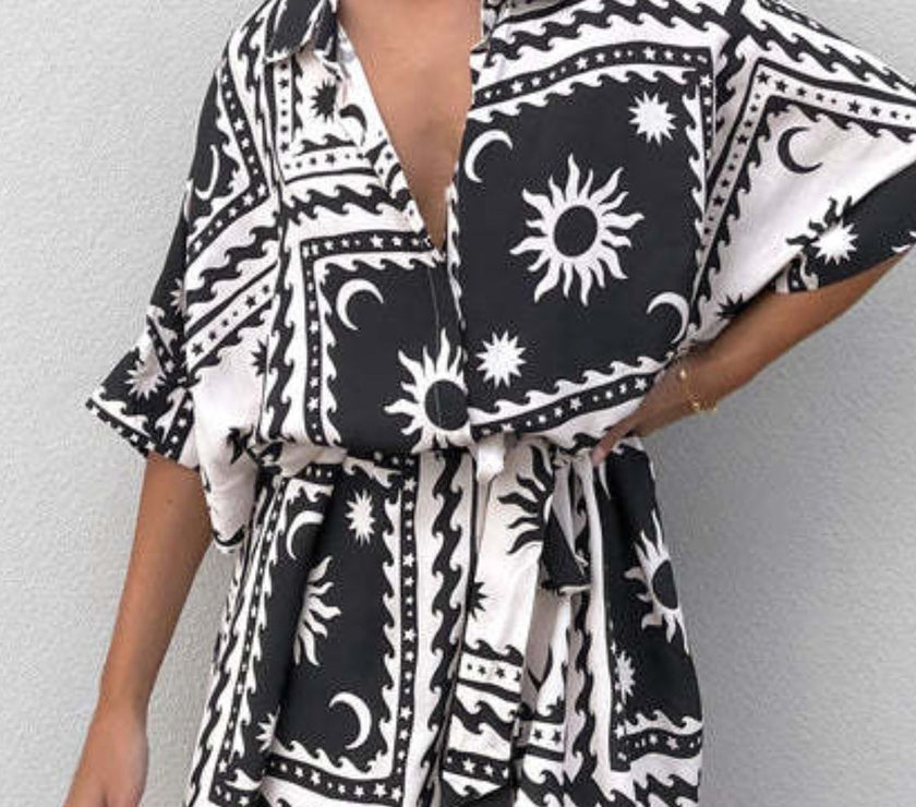Printed Tie Waist Half Sleeve Romper