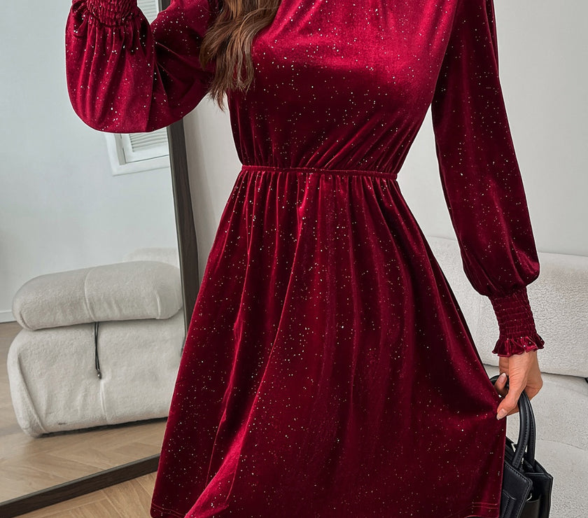 Glitter Mock Neck Long Sleeve Mini Dress