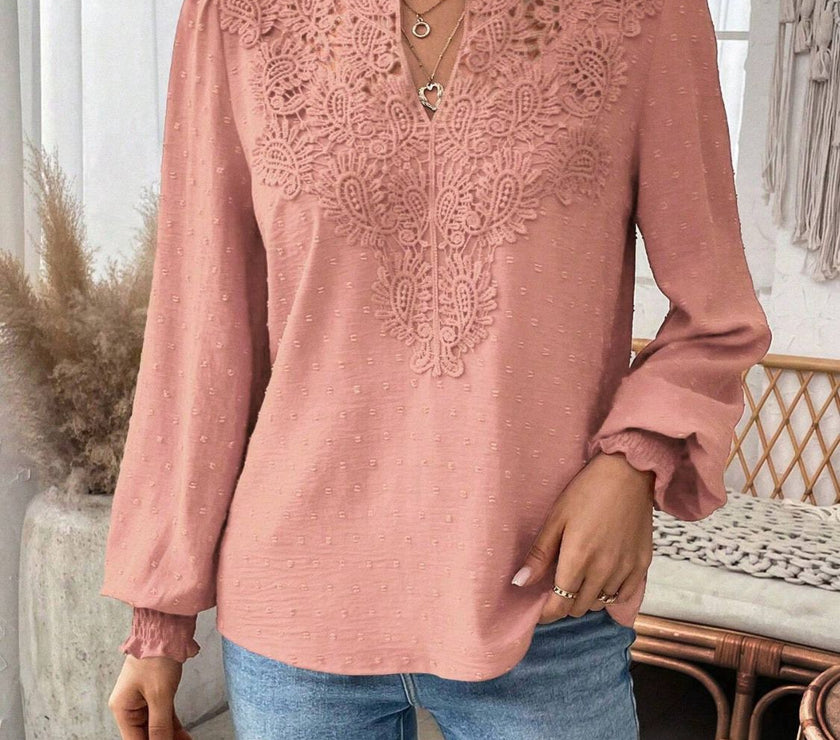 Swiss Dot Lace Detail Notched Long Sleeve Blouse