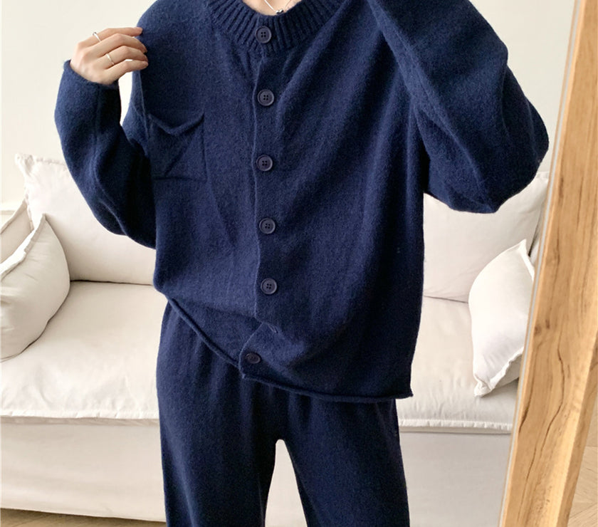 Pocketed Round Neck Button Up Cardigan and Pants Sweater Set