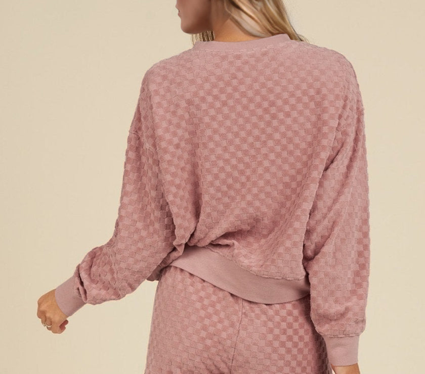 Oh Checkered Round Neck Long Sleeve Top and Shorts Set