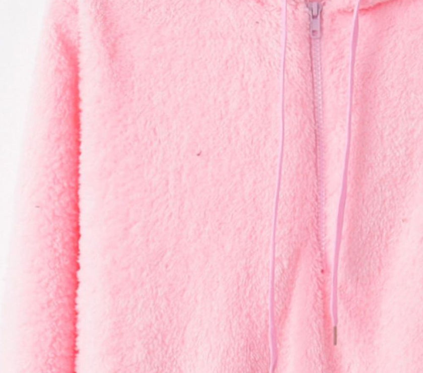 Full Size Quarter-Zip Drawstring Teddy Hoodie