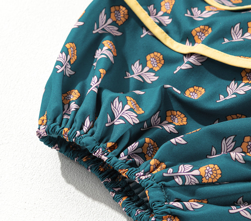 Skobeloff Floral Contrast Trim Square Neck Puff Sleeve Dress