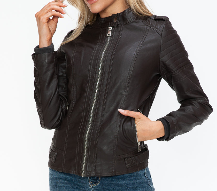 Snobbish PU Leather Biker Jacket with Side Zip Pockets