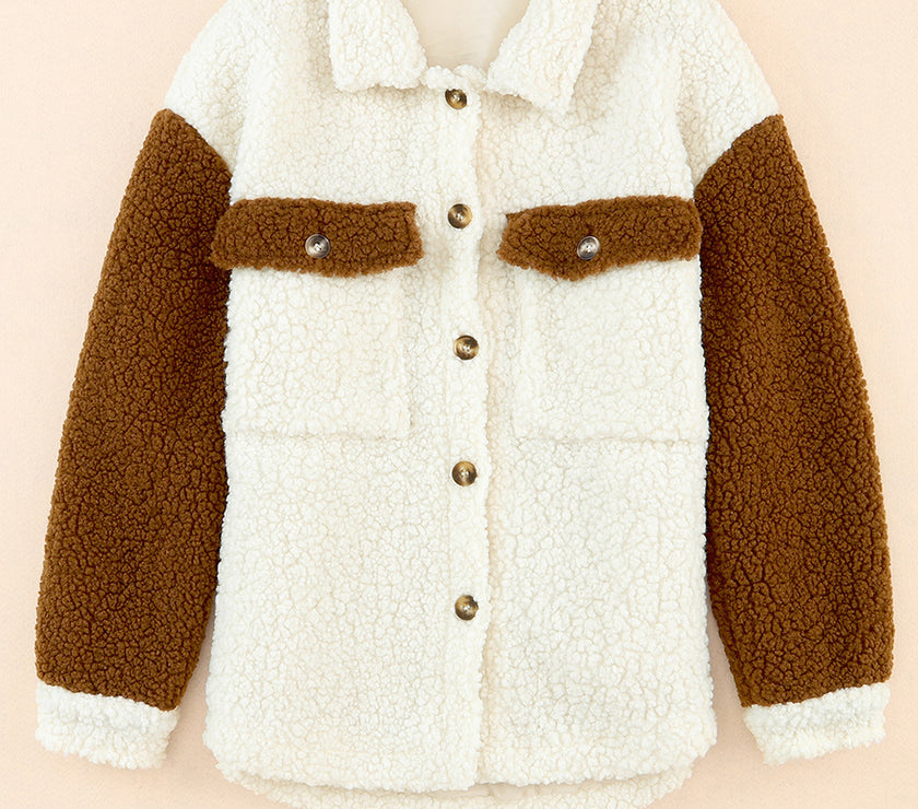 Color Block Collared Neck Sherpa Jacket
