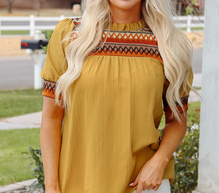 Mustard Geometric Short Puff Sleeve Frilled Collar Blouse