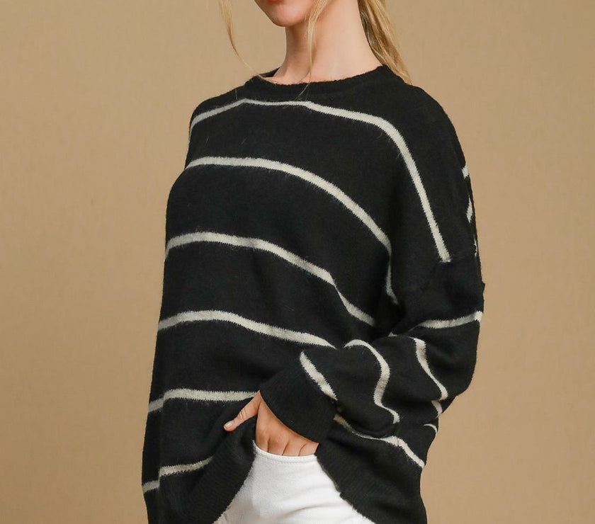 Umgee Wool Blend Striped Round Neck Sweater